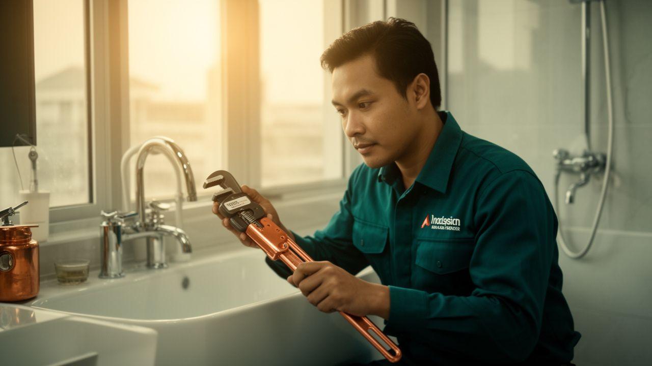 Aquatide plumber fitting a chrome valve in a Kuala Lumpur bathroom